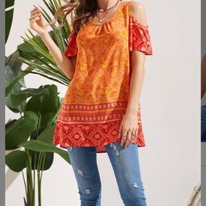 Apricot & Yellow Paisley Scoop Neck Cold-Shoulder Tunic
